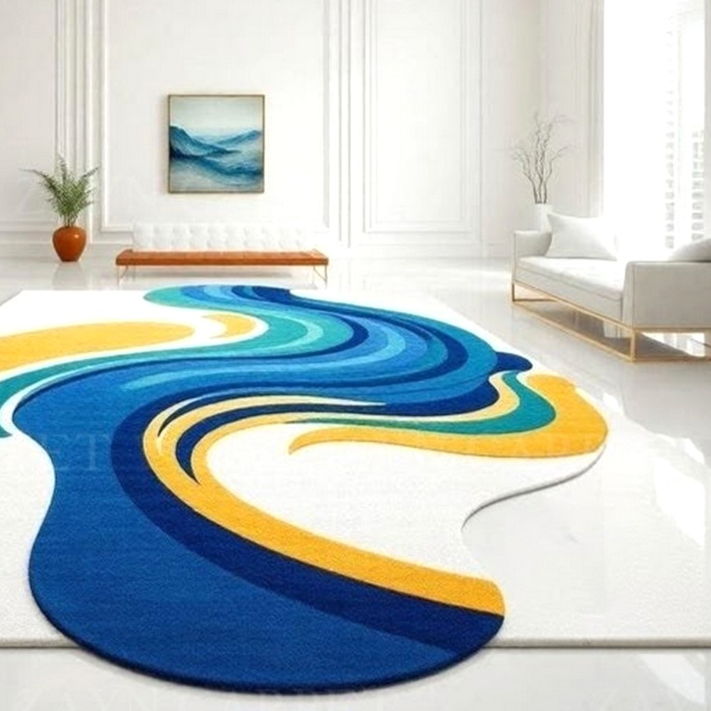 Handcrafted Blue Yellow Wave Living Room Rug